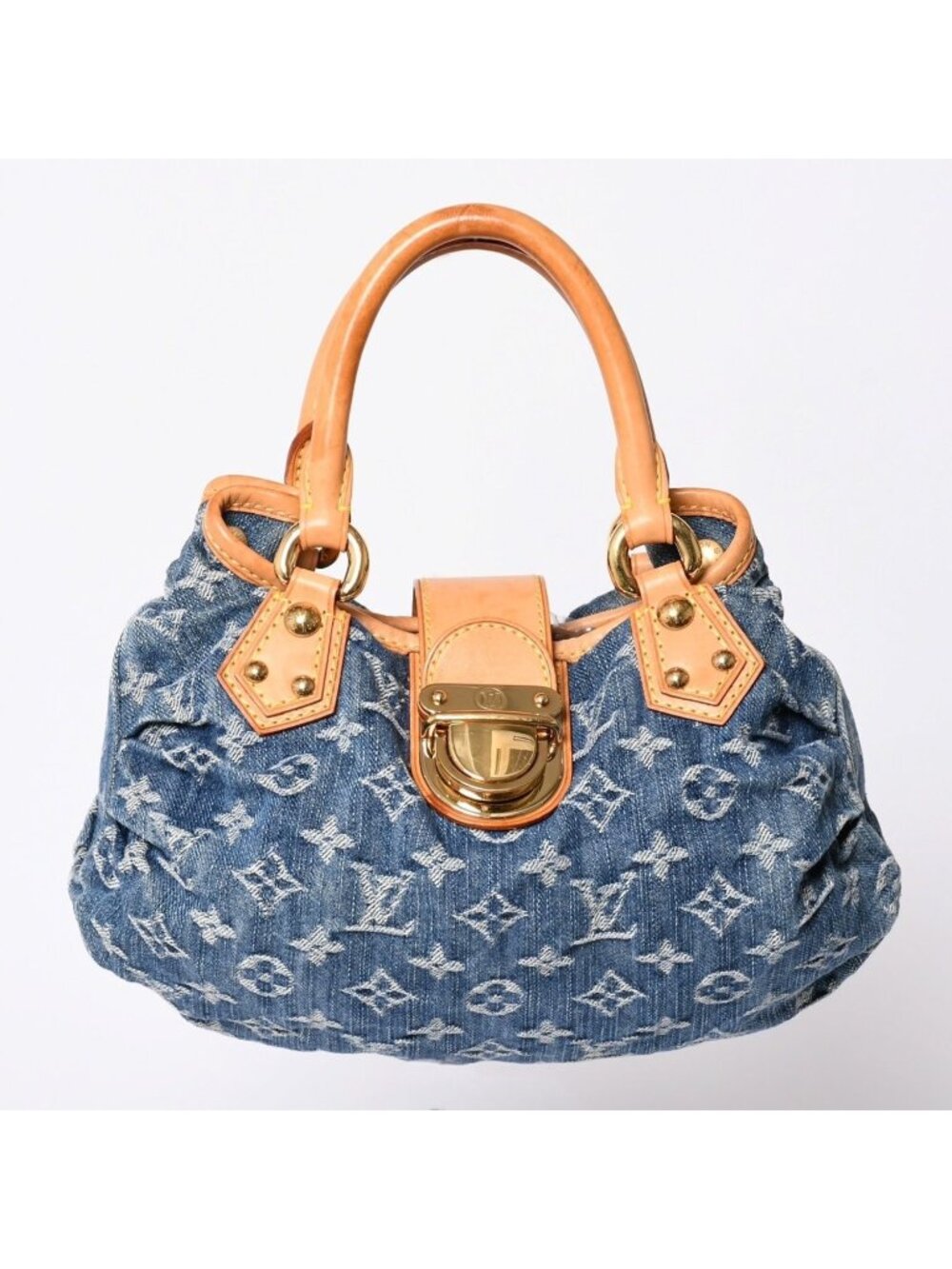 Louis Vuitton Pleaty Handbag Monogram Denim Leather Blue Gold